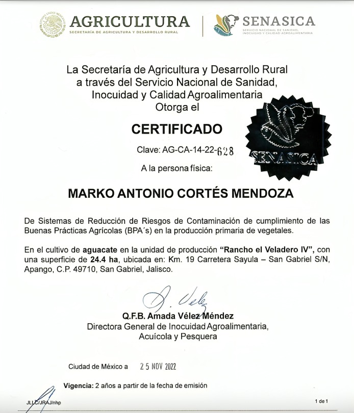 Certificado de ramcho de aguacate de Marko Cortés