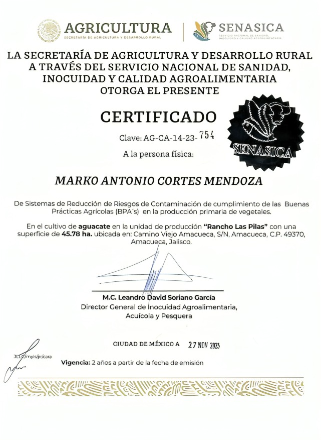 certificado del Rancho Las Pilas de Marko Cortés