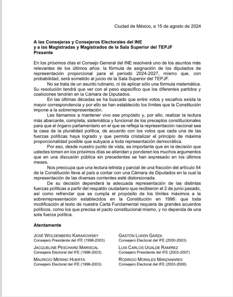 Carta de exconsejeros al INE pide evitar sobrerrepresentación