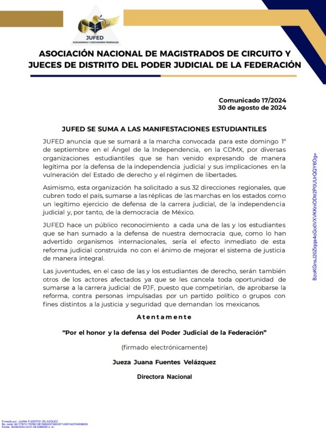 Comunicado de jueces integrantes de la Jufed