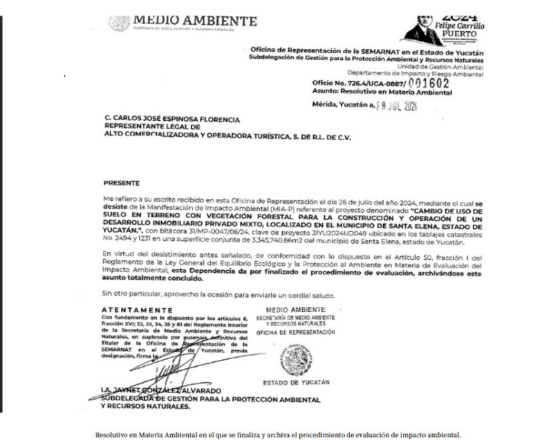 Comunicado Semarnat a Carlos Espinosa Florencia