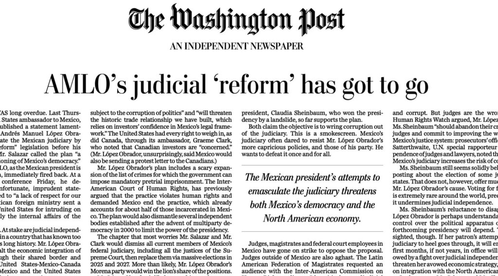 Editorial del Washington Post critica reforma judicial