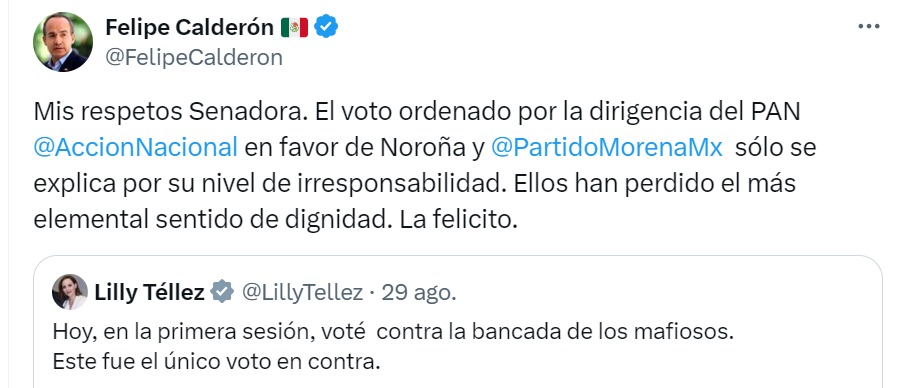 Felipe Calderón felicita a Lilly Téllez