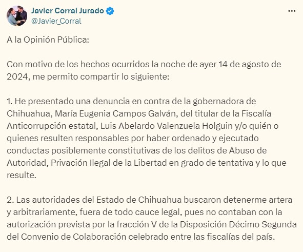 Mensaje compartido por Javier Corral en X