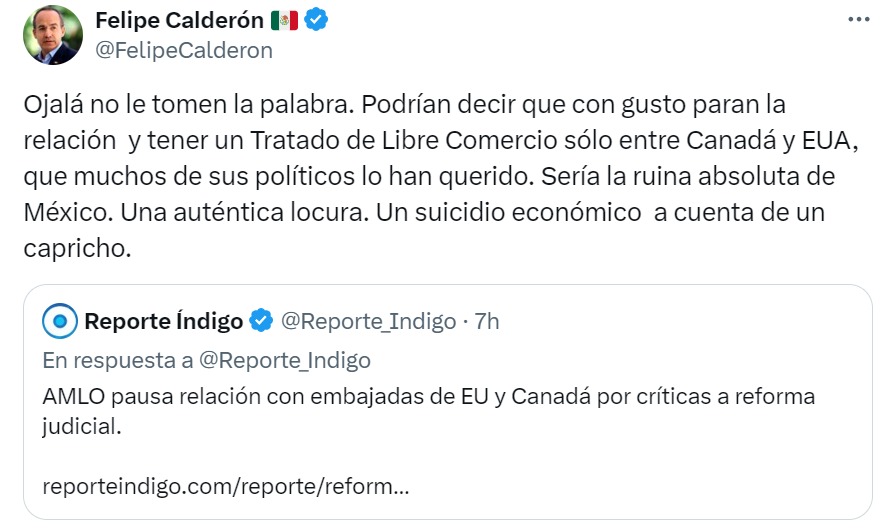 Publicación de Felipe Calderón en X