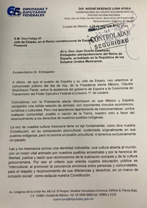 Carta del PAN al rey de España