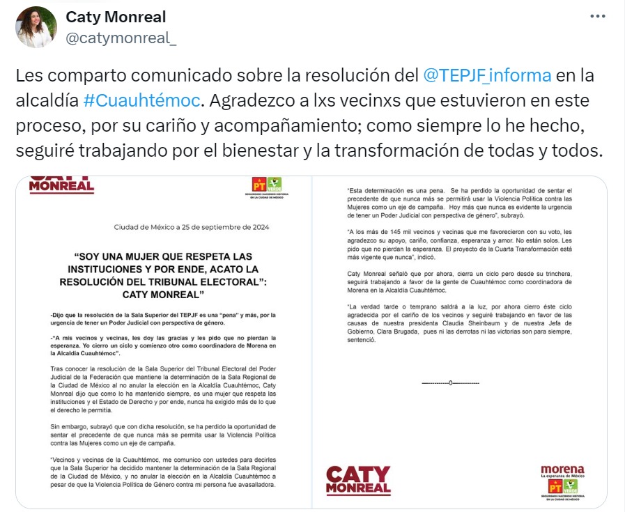 Caty Monreal acata resolución del Tepjf