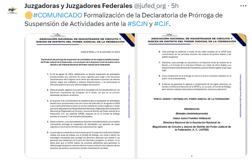 Comunicado de prórroga en paro de jueces federales