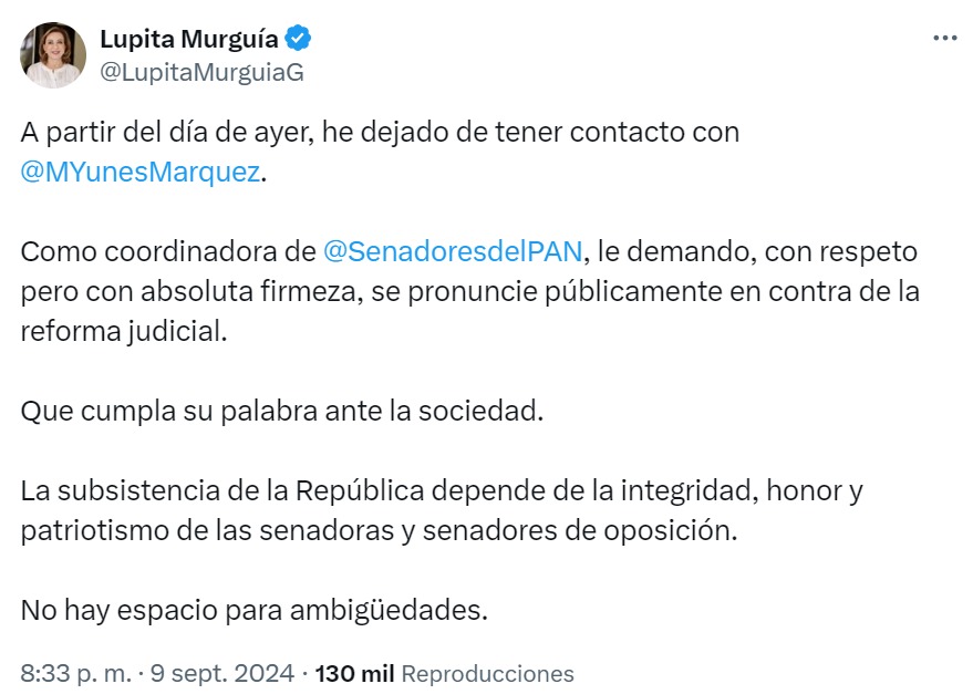 Coordinadora del PAN en el Senado pide a Yunes cumplir su palabra