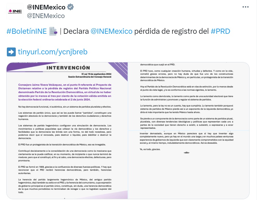 INE oficializa perdida de registro del PRD