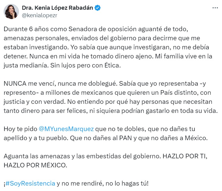 Kenia López pidió resistencia a Yunes Márquez