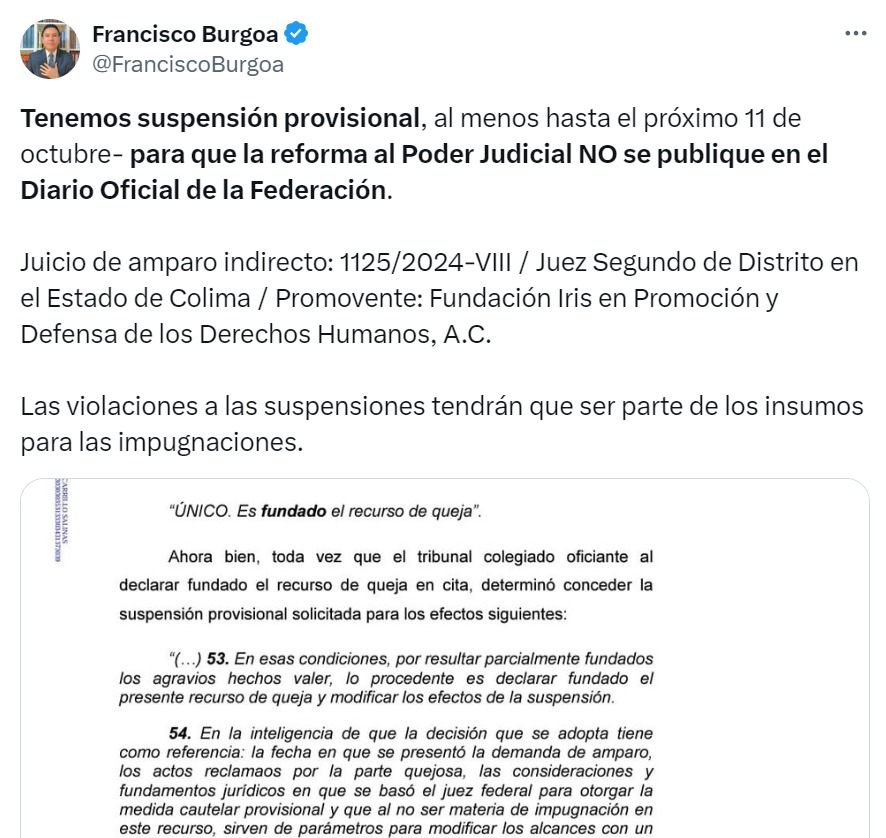 Publicación del amparo contra publicación de reforma judicial