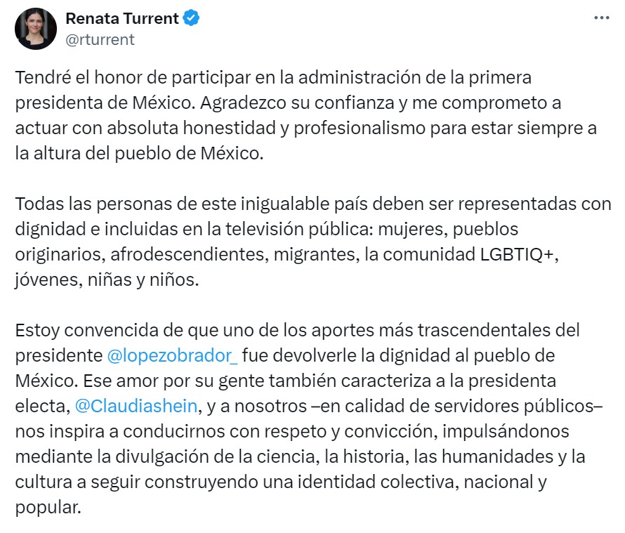 Renata Turrent agradece nombramiento