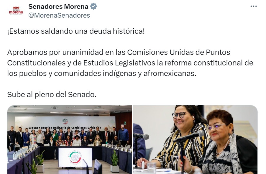 Senadores de Morena celebran reforma a pueblos indígenas