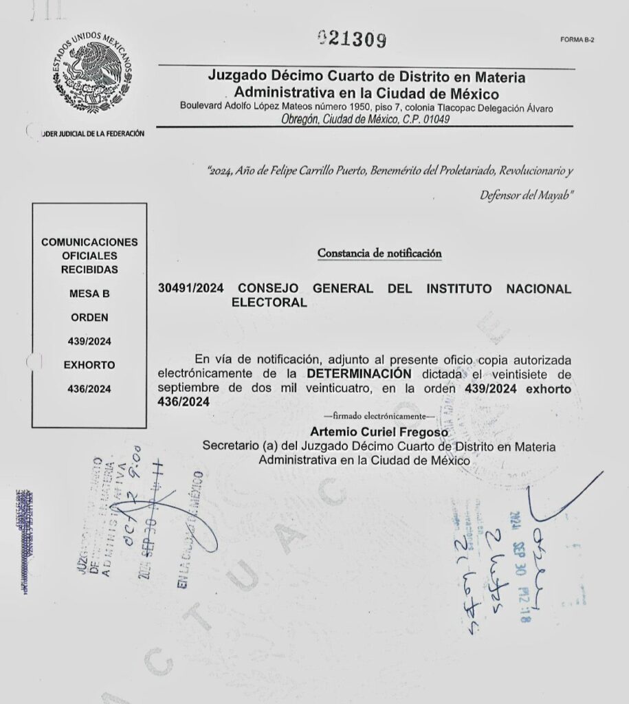 INE recibió notificación del Poder Judicial