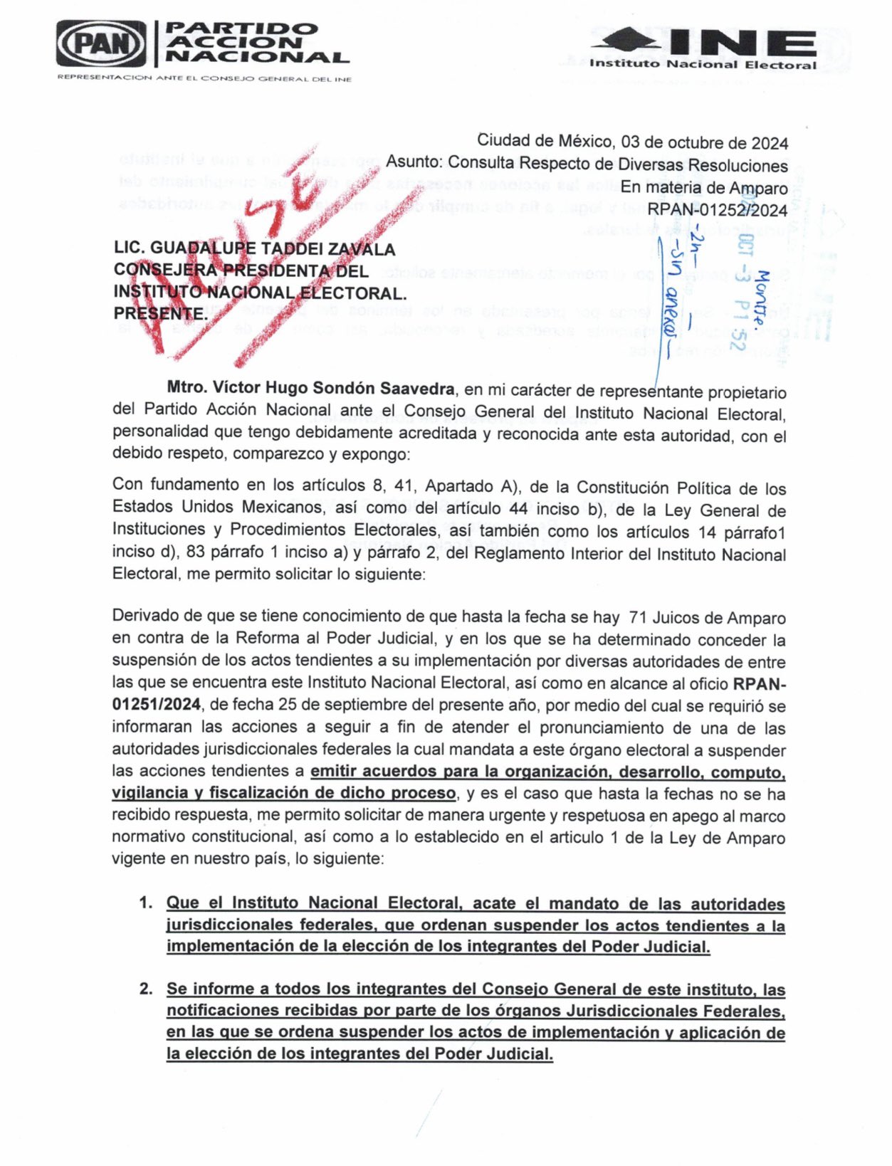 Marko Cortés hace público documento al INE