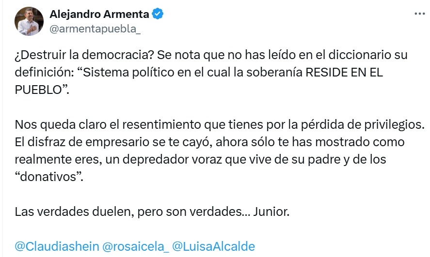 Publicación de Armenta en X