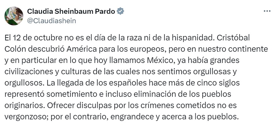 Sheinbaum publicación sobre 12 de octubre