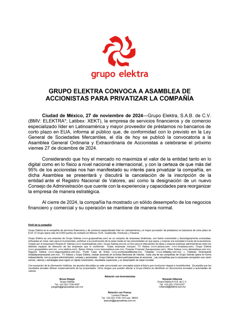 Comunicado Elektra BMV