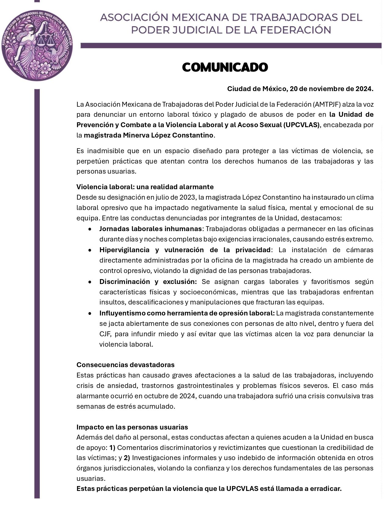 Comunicado de los trabajadores del PJF contra Upcas