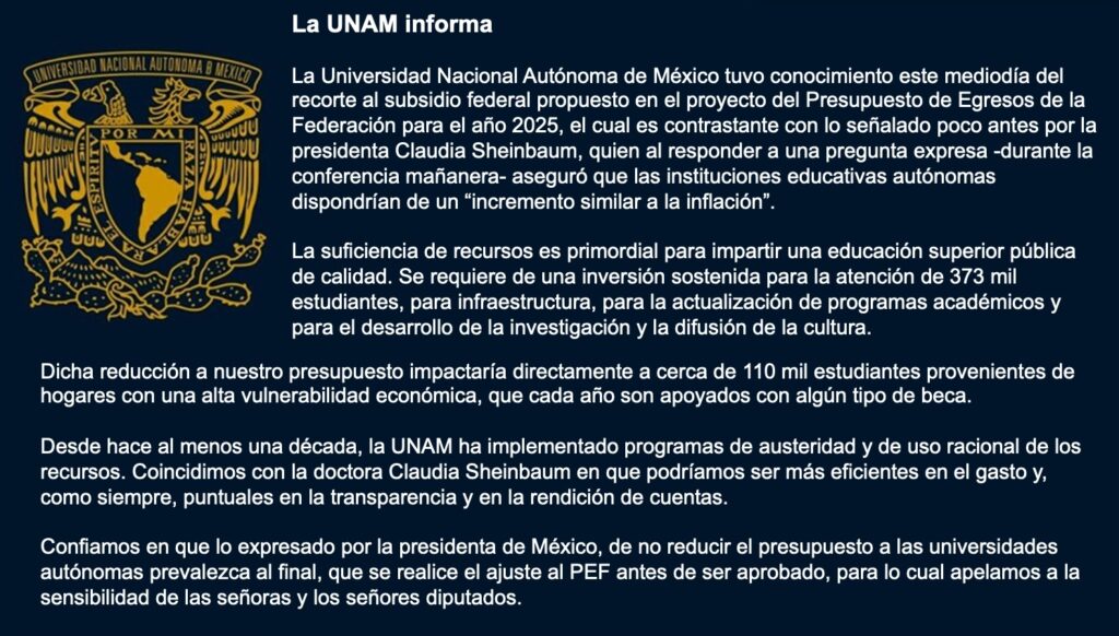 Comunicado de la UNAM en redes