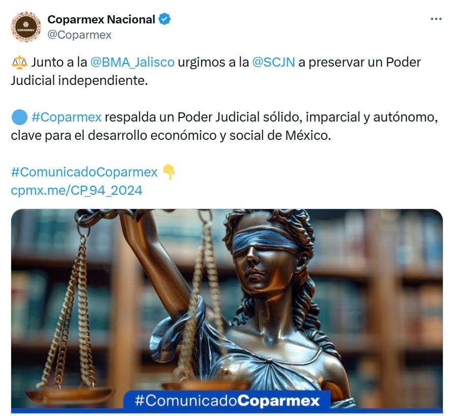 Coparmex informa su respaldo al Poder Judicial