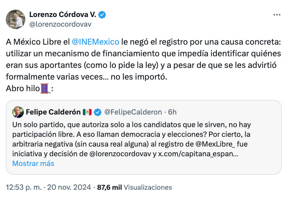 Felipe Calderón y Lorenzo Córdova se pelean por México Libre