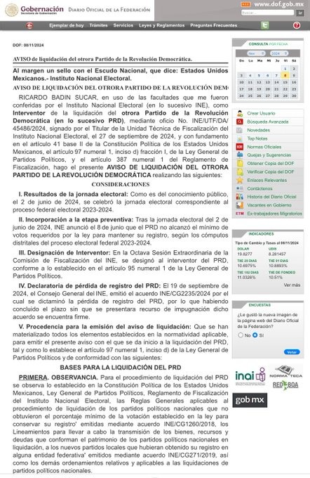 INE publica aviso liquidación PRD