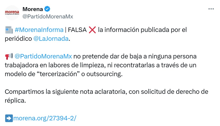 Nota aclaratoria en redes de Partido Morena