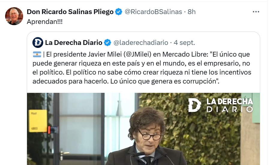 Salinas Pliego elogia a Milei