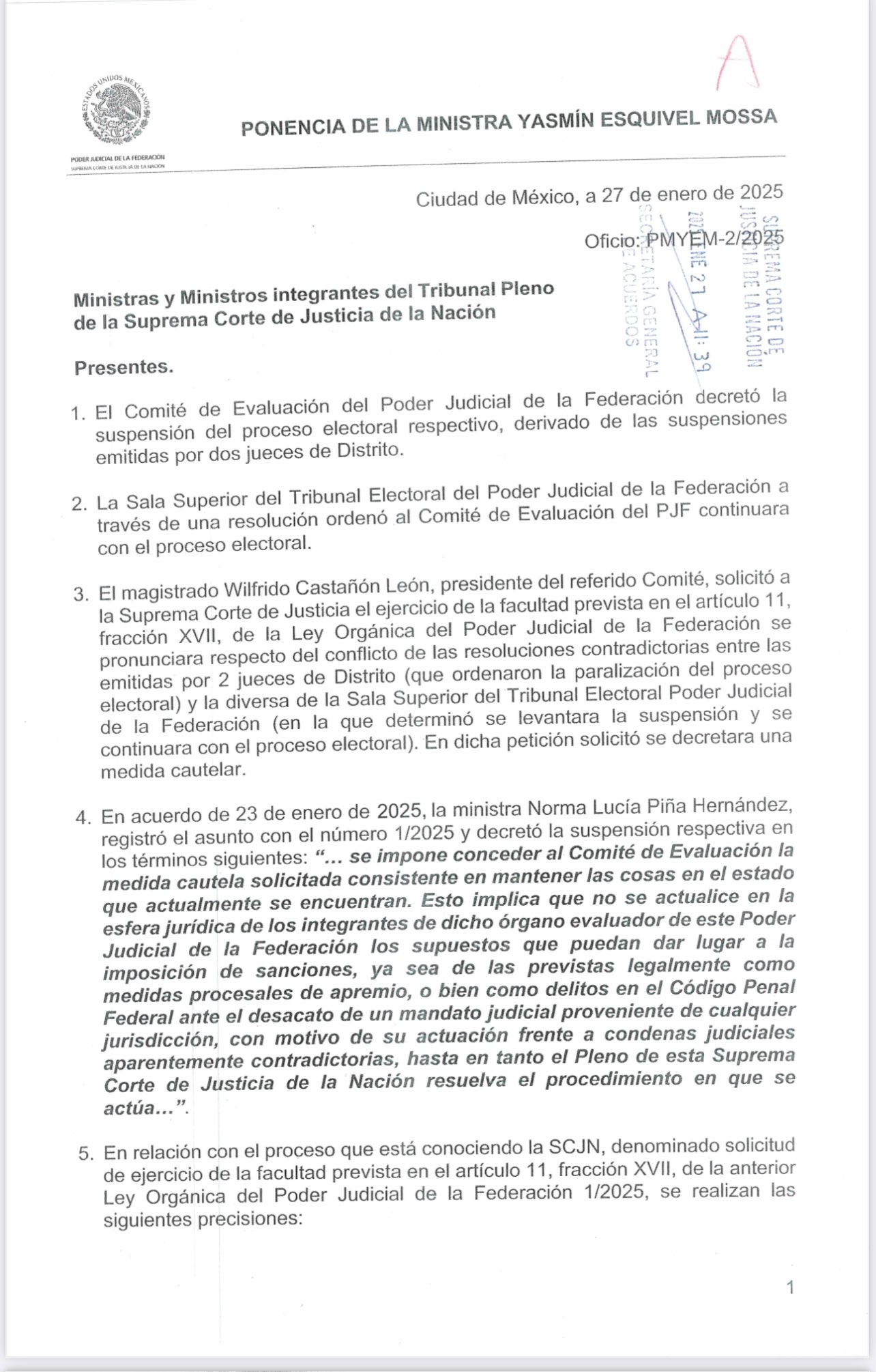 Esquivel acusa a Norma Piña de violar autonomía del Tepjf