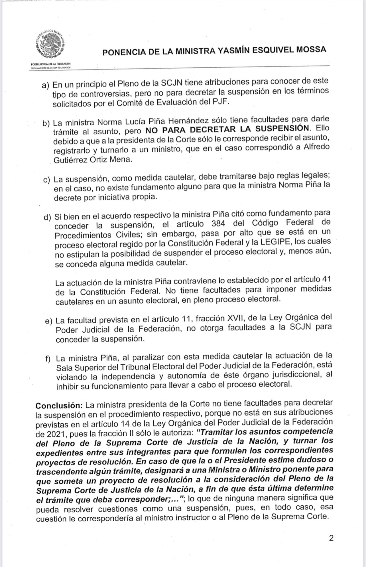 Esquivel acusa a Norma Piña de violar autonomía del Tepjf