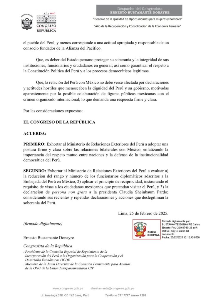 Congresistas de Perú contra Sheinbaum