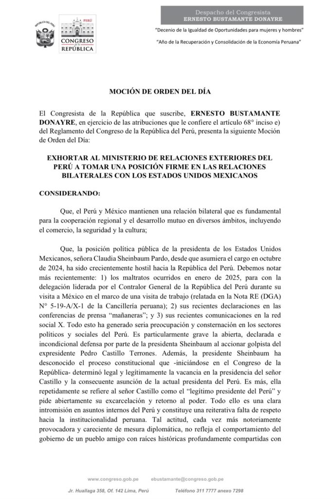 Congreso de Perú contra Sheinbaum