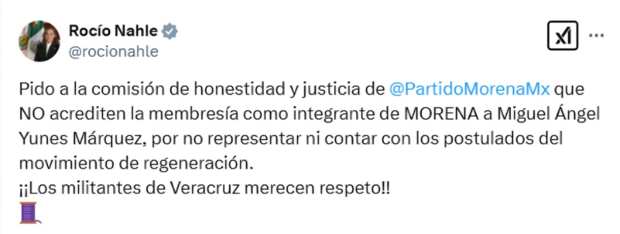 ¿Qué dijo Rocío Nahle sobre afiliación de Yunes Márquez?
