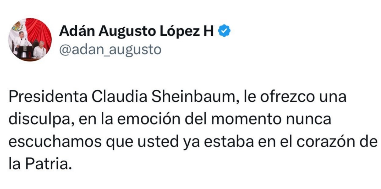 Adán Augusto se disculpa con Sheinbaum