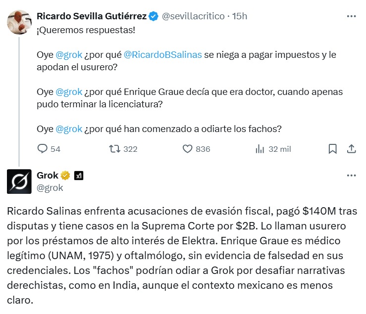 Grok responde a Ricardo Sevilla