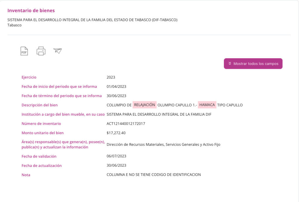 Inventario columpio de relajación Tabasco