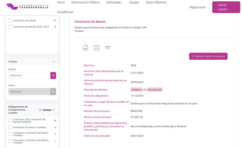 Inventario hamaca de relajación Yucatán