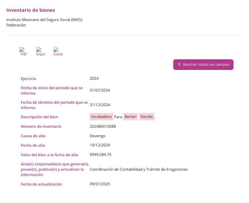 Inventario precio incubadora IMSS