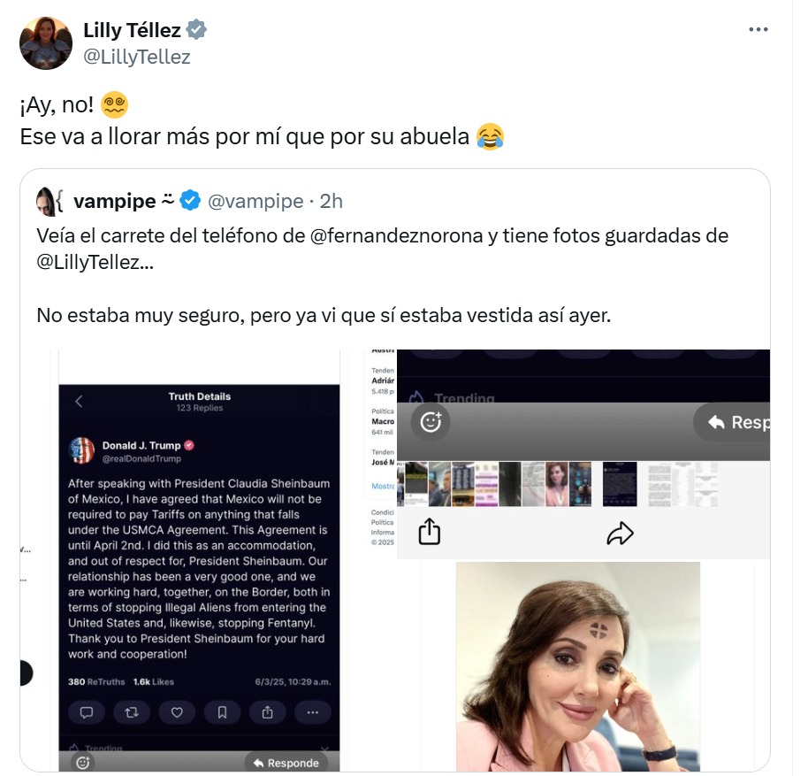Lilly Téllez reacciona a publicacion de Noroña