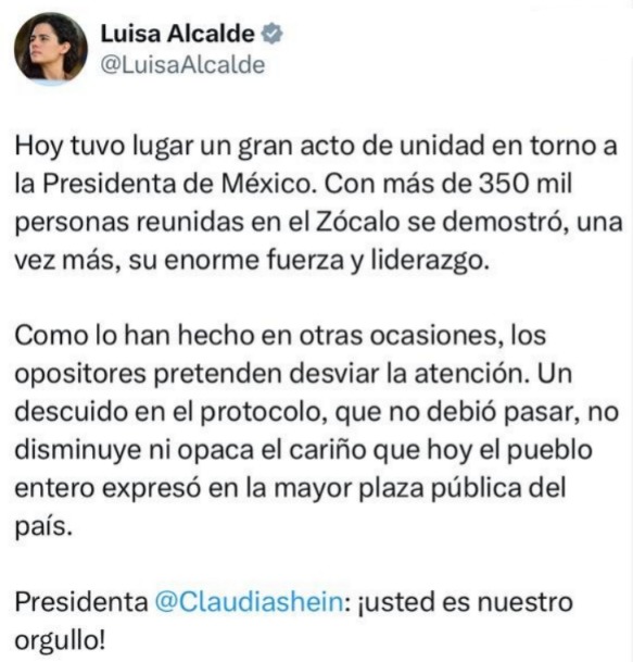 Luisa María Alcalde se disculpa con Sheinbaum 