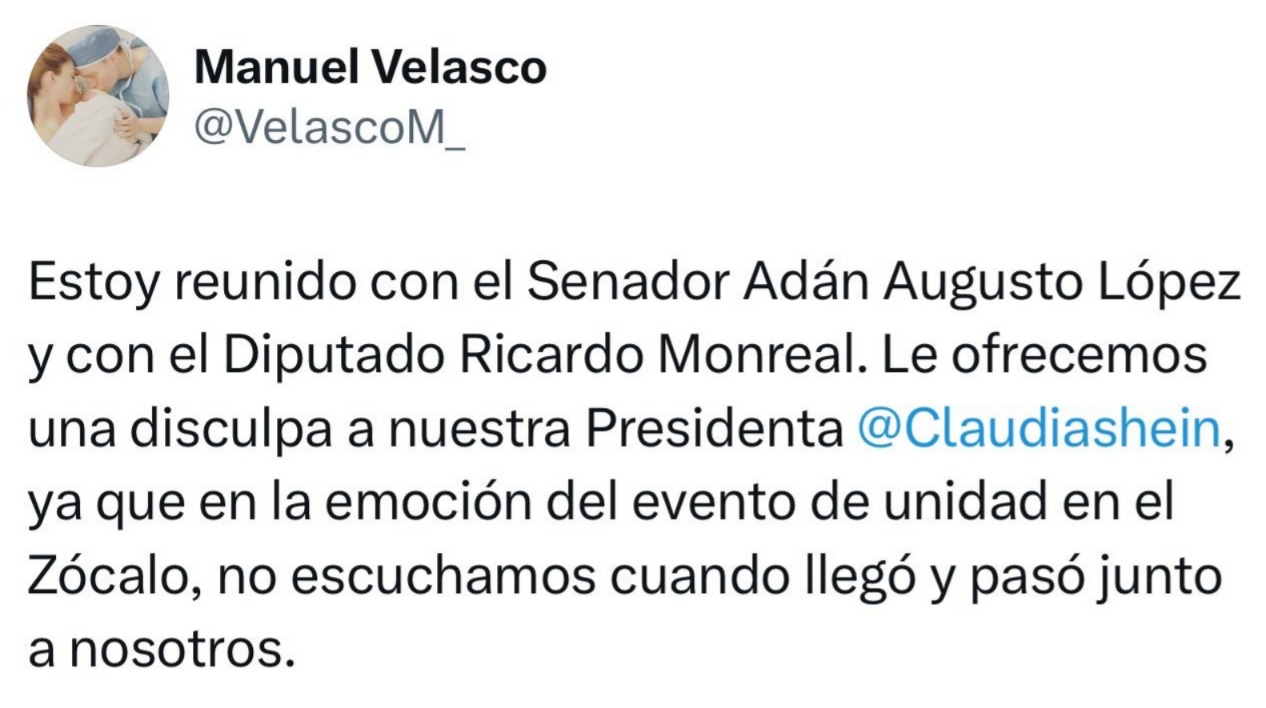 Manuel Velasco se disculpa con Sheinbaum