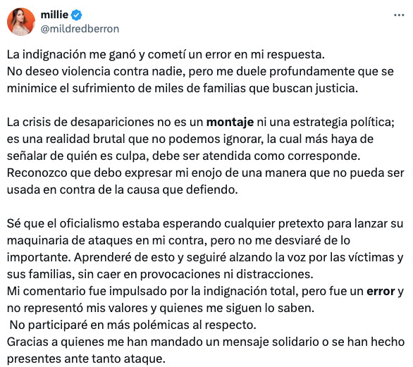 Mildred Berrón se disculpa tras polémica generada en redes