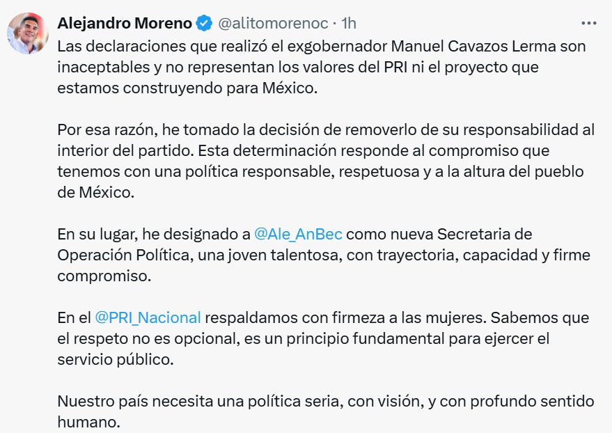 PRI remueve a Cavazos Lerma