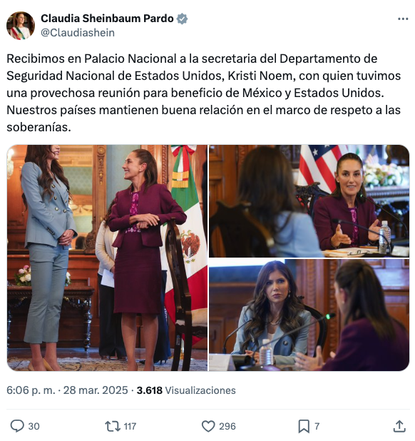Sheinbaum destaca visita de la funcionaria estadounidense