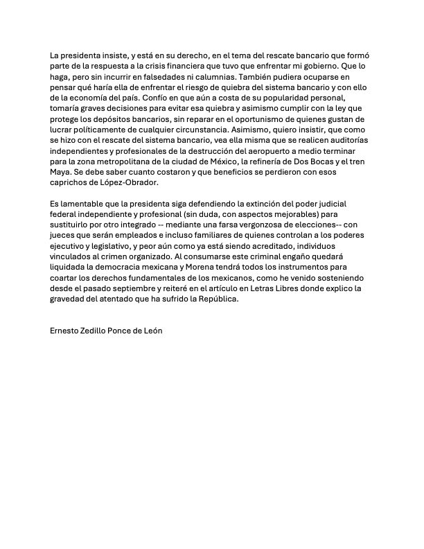 Carta del expresidente Zedillo