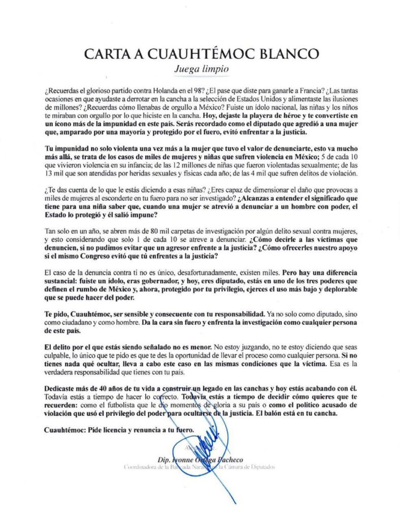 Carta de Ivonne Ortega a Cuauhtémoc Blanco