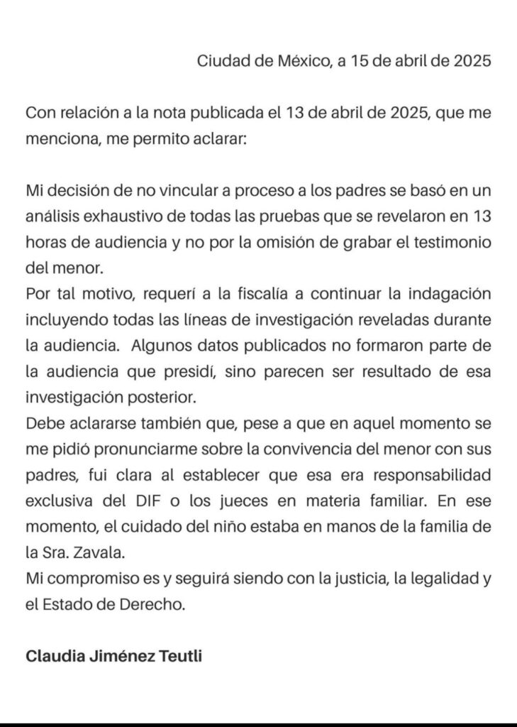 Carta de jueza