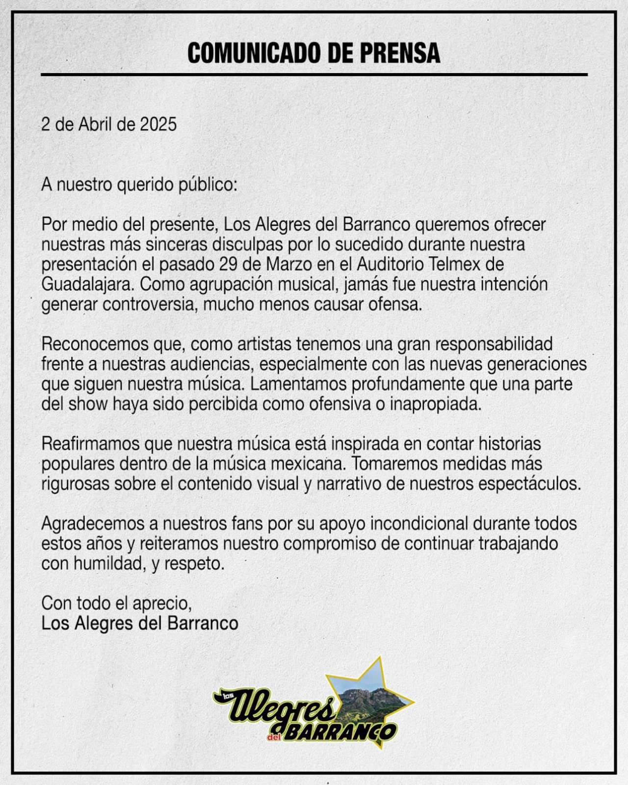Comunicado de Los Alegres del Barranco